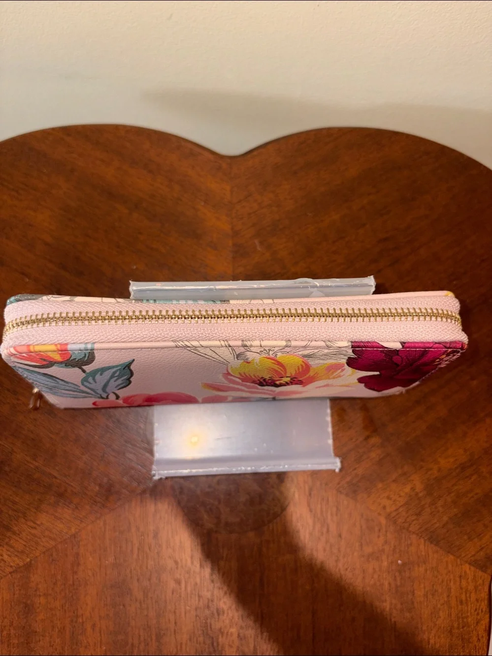 Floral Zip-Around Wallet Dusty Pink burgundy, green yellow cream/gold tone black